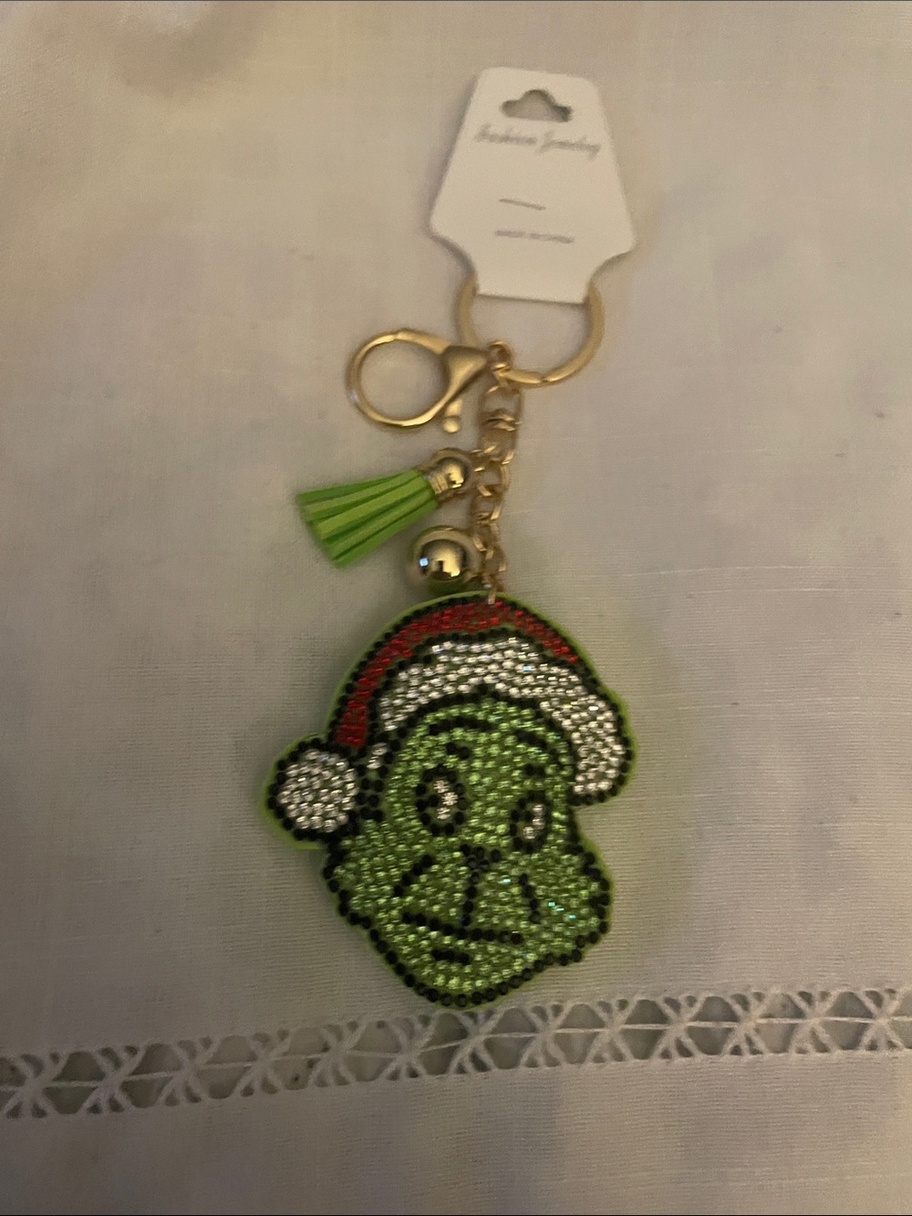Fashion Jewelry Beaded Green Grinch Keychain with Tassel NEW